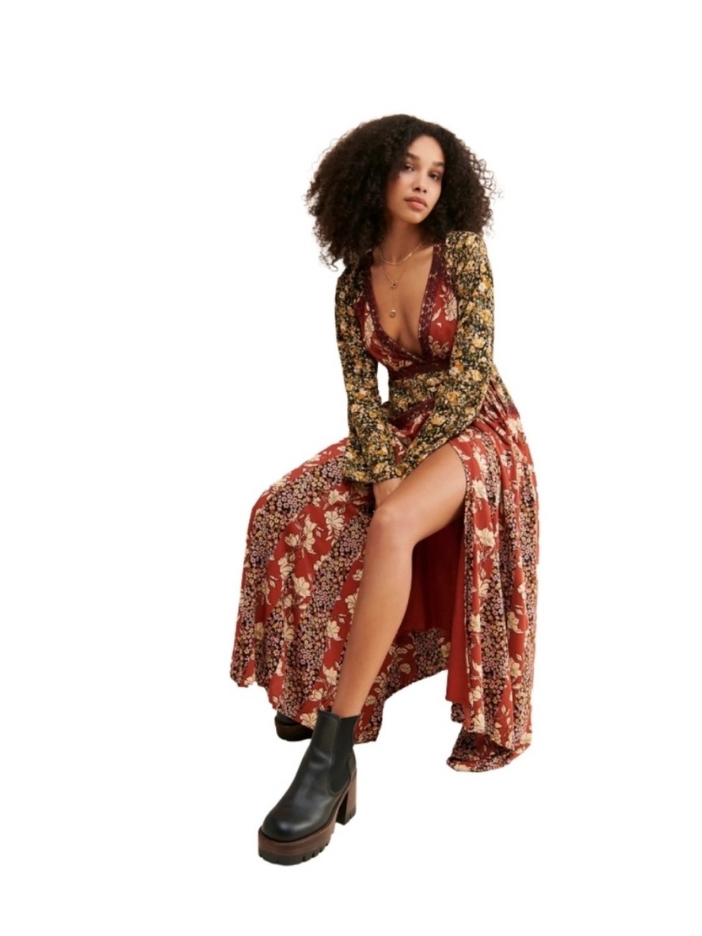 Free People Mixed Floral Maxi Dress in Rust and Olive